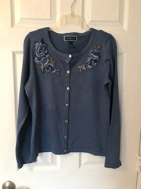 Karen Scott Blue Cardigan with floral design